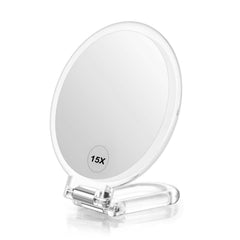 LFOYOU double-sided mirror shows 1x and 15x views for precise makeup checks.