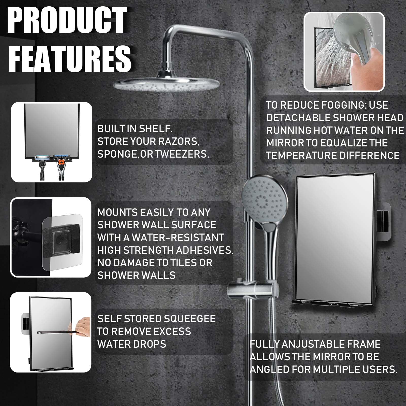 LFOYOU adhesive hooks secure the mirror on smooth shower surfaces for easy mounting.