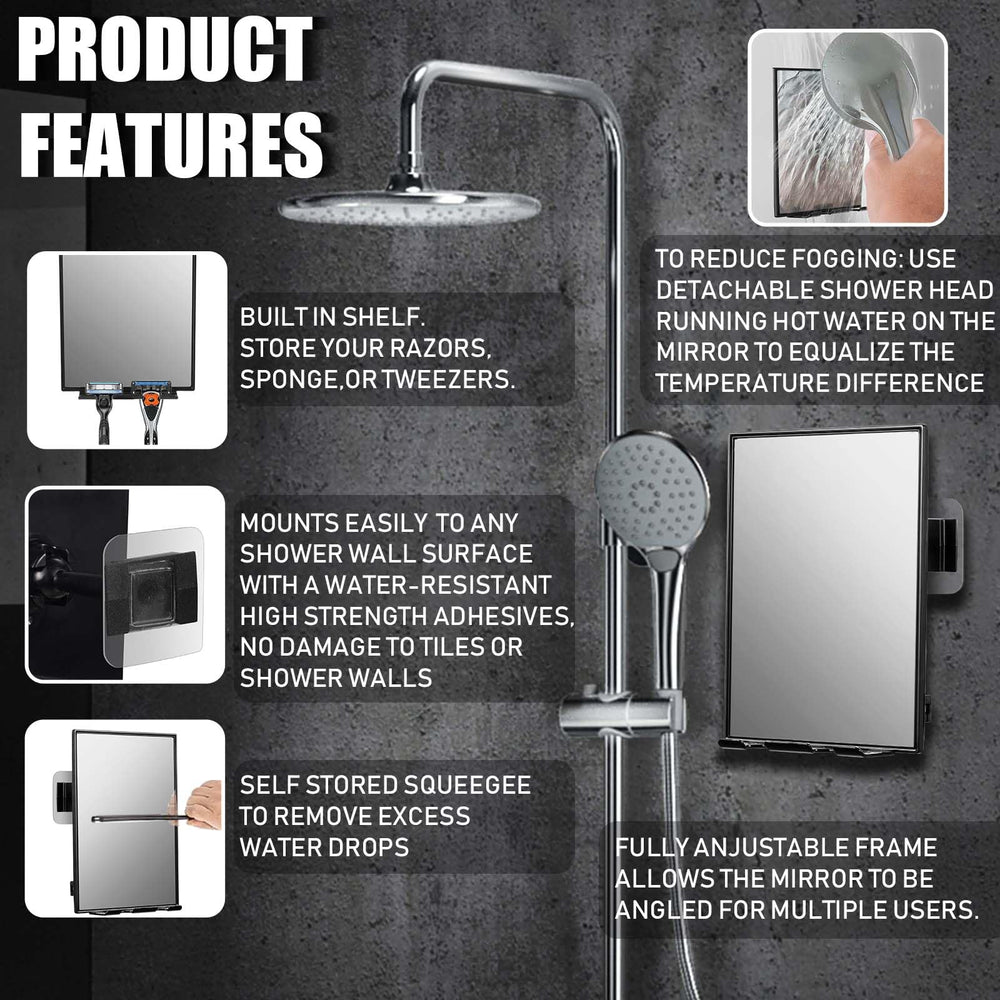 LFOYOU adhesive hooks secure the mirror on smooth shower surfaces for easy mounting.