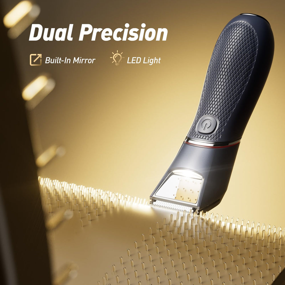 LGTGH mirror-LED precision system clarifies angles for thorough bikini line grooming.