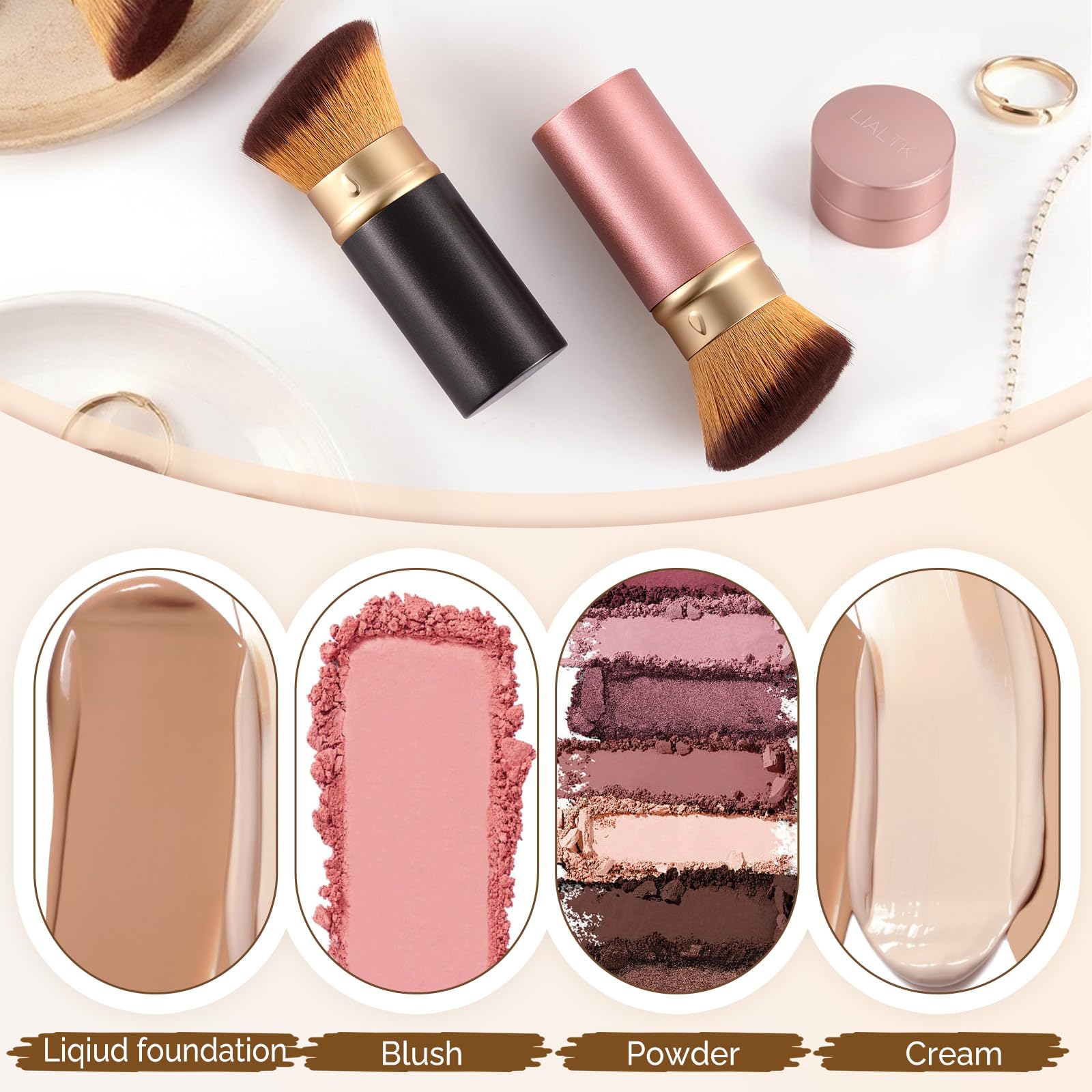 LIALTK even, streak-free application technique demonstrated for powders and liquids.