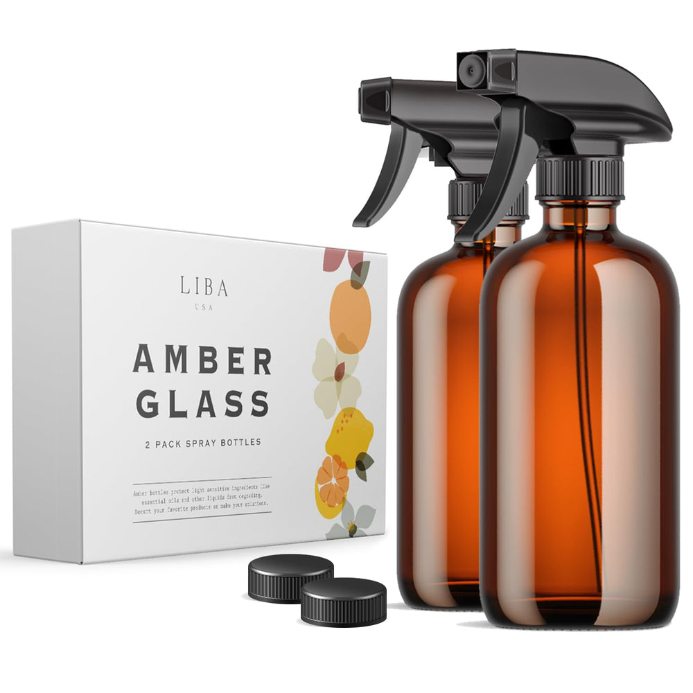 LiBa amber glass spray bottle 16oz, UV-protected for stable cleaning formulas.