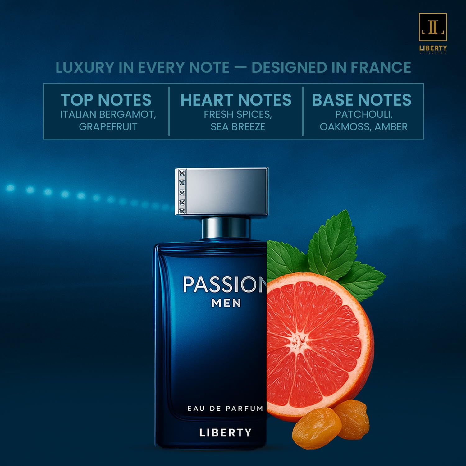 Liberty Luxury Passion spicy mid-notes and sea breeze create warmth.