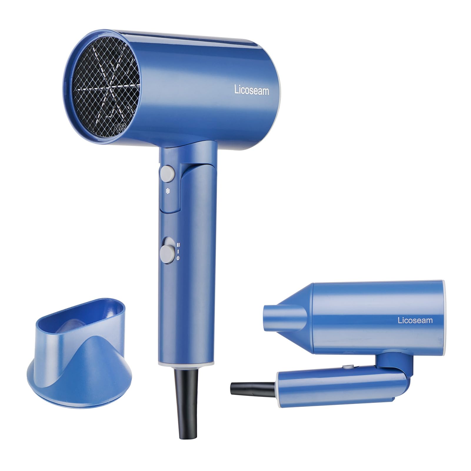 Licoseam hair dryer with foldable handle for ultra-compact travel storage.