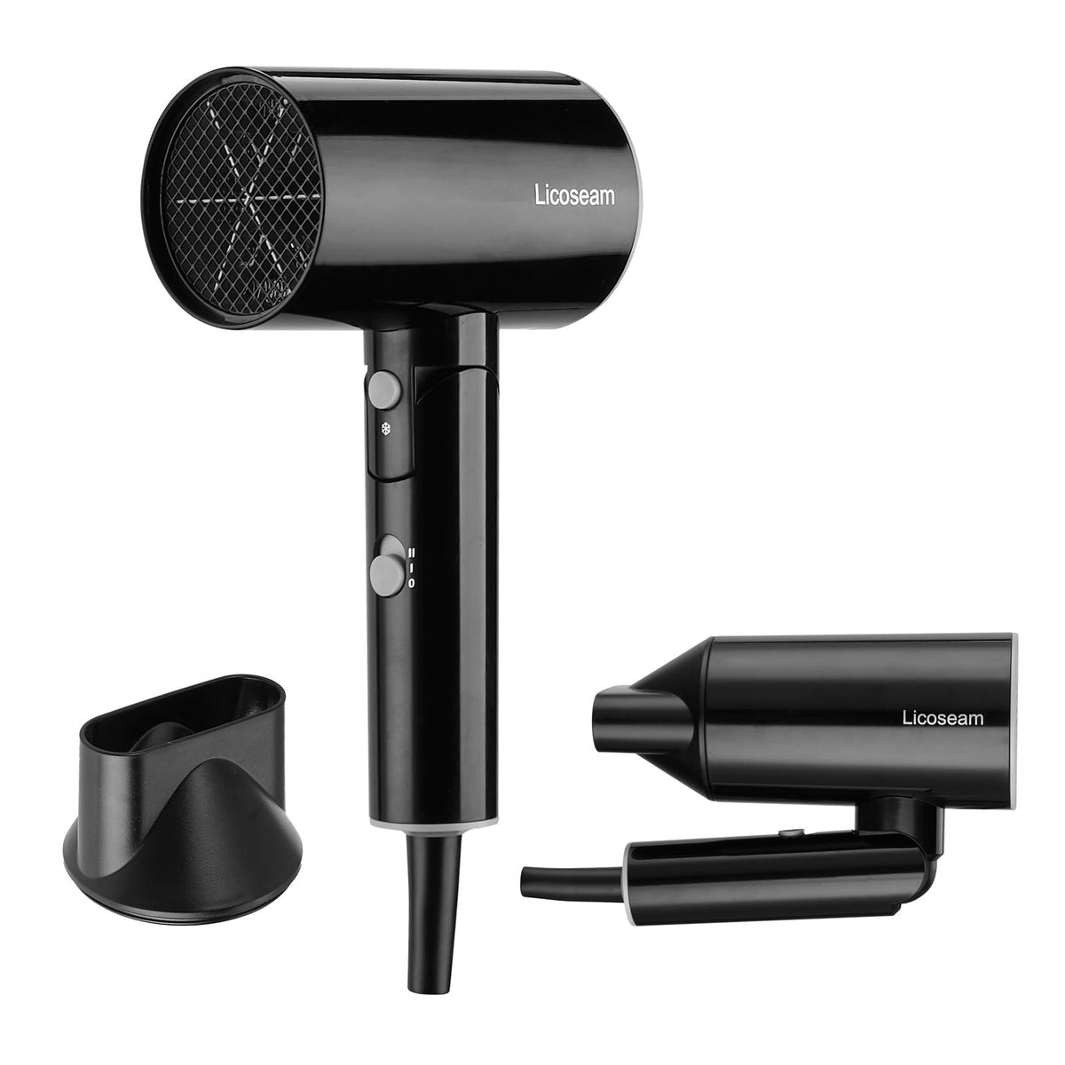 Licoseam hair dryer with folding handle for compact travel storage.