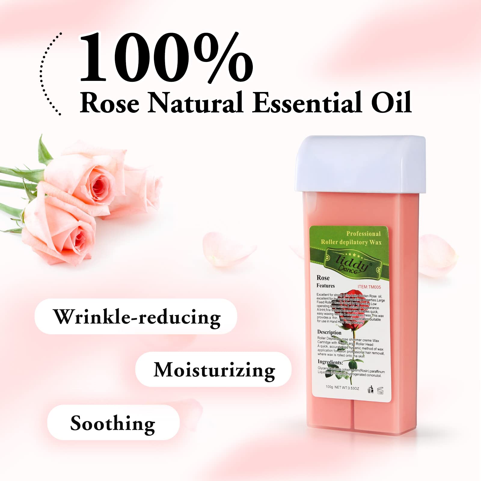 Liddy Dance rose wax roll-on being applied to skin for hair removal
