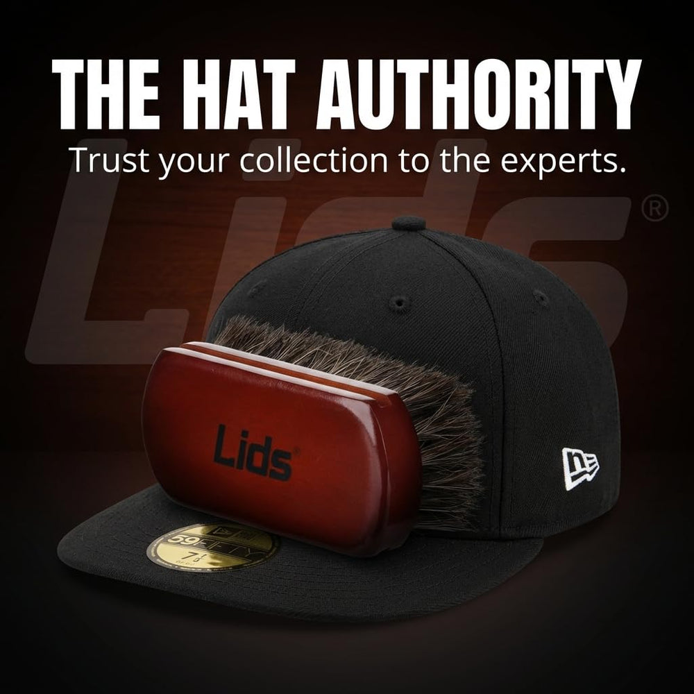 Lids Premium Horsehair Hat Brush demonstrated across fabric textures for refreshed hats
