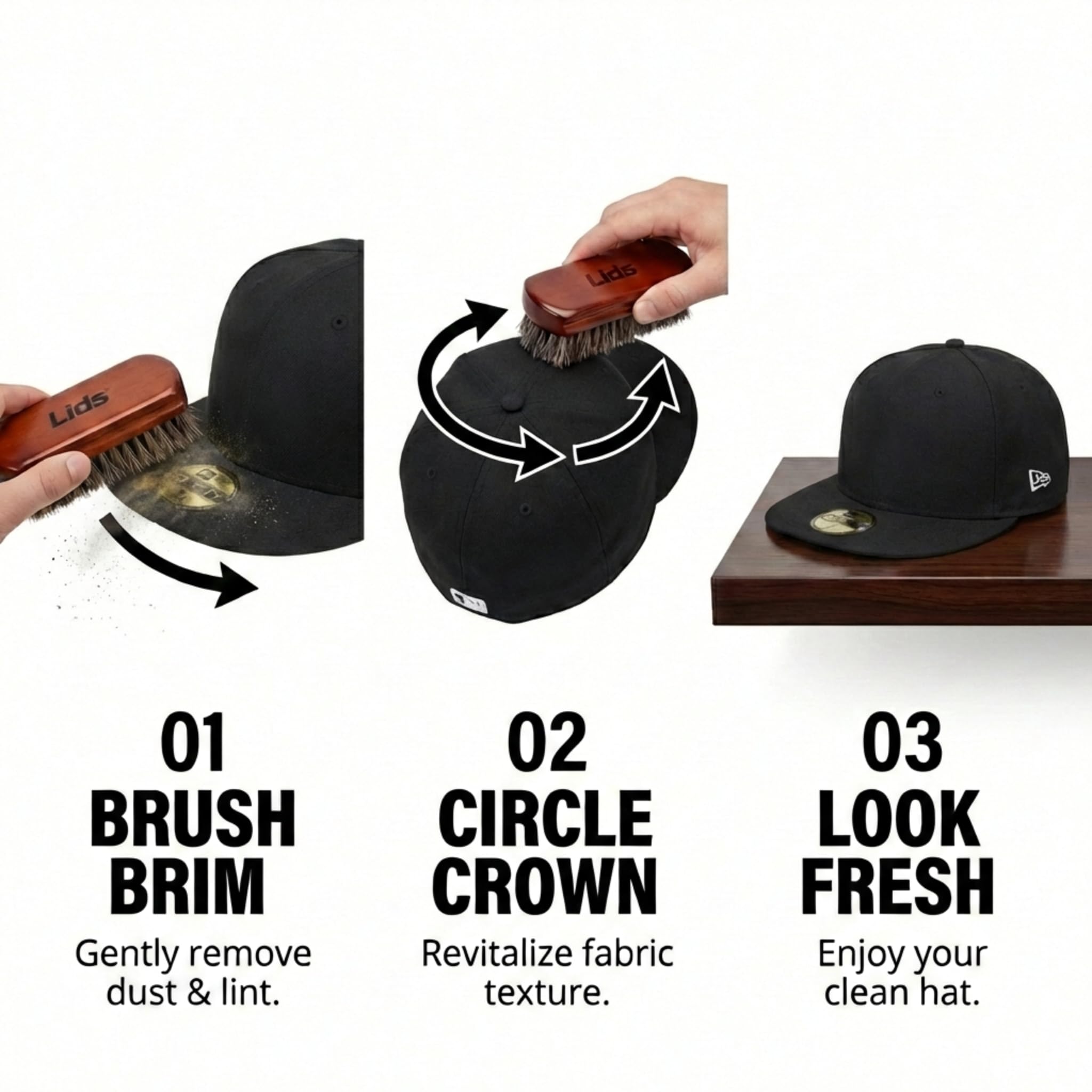 Lids Premium Horsehair Hat Brush removes pet hair from wool and caps