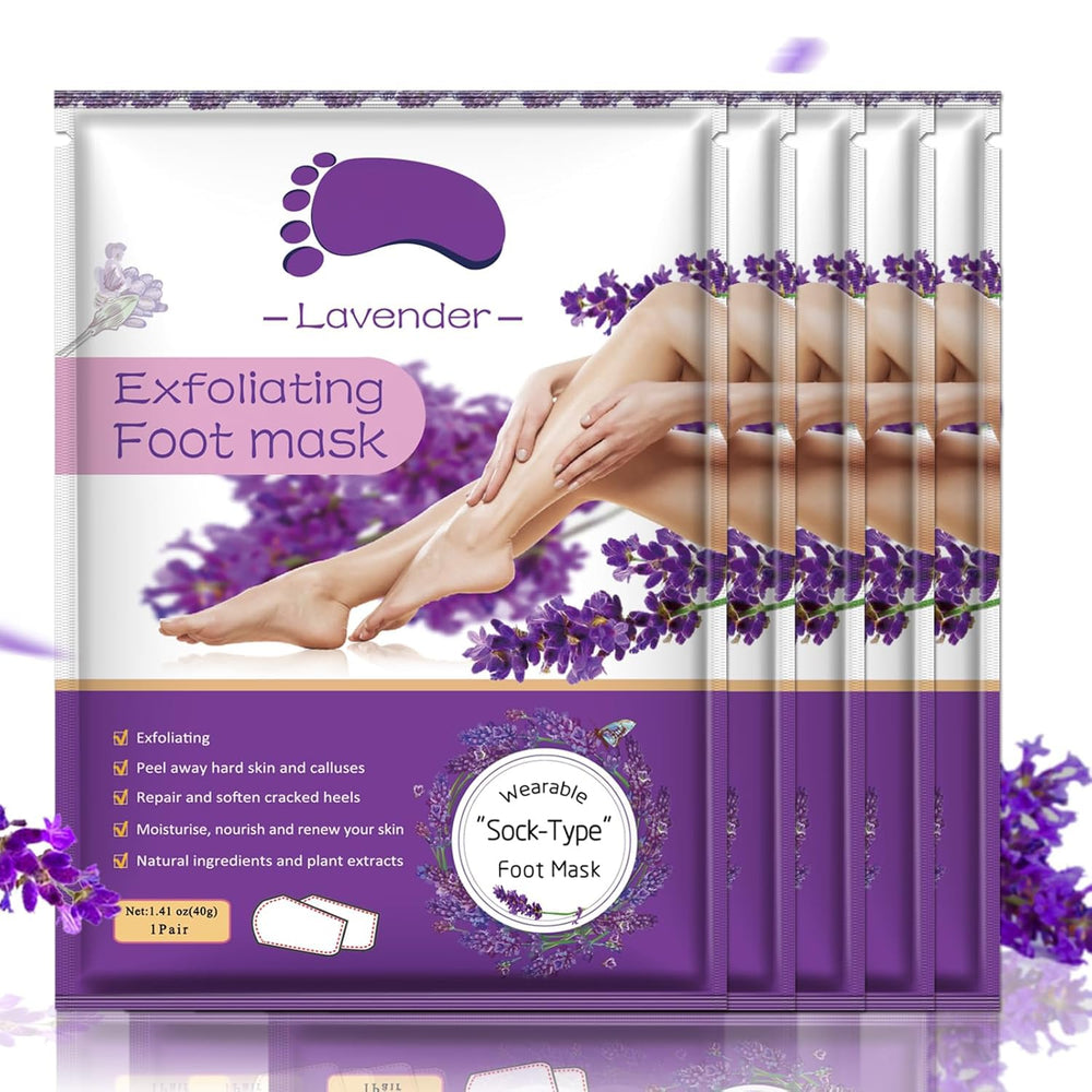 Liefiet mascarilla exfoliante de pies lavanda en empaque, lista para uso y cuidado de la piel.