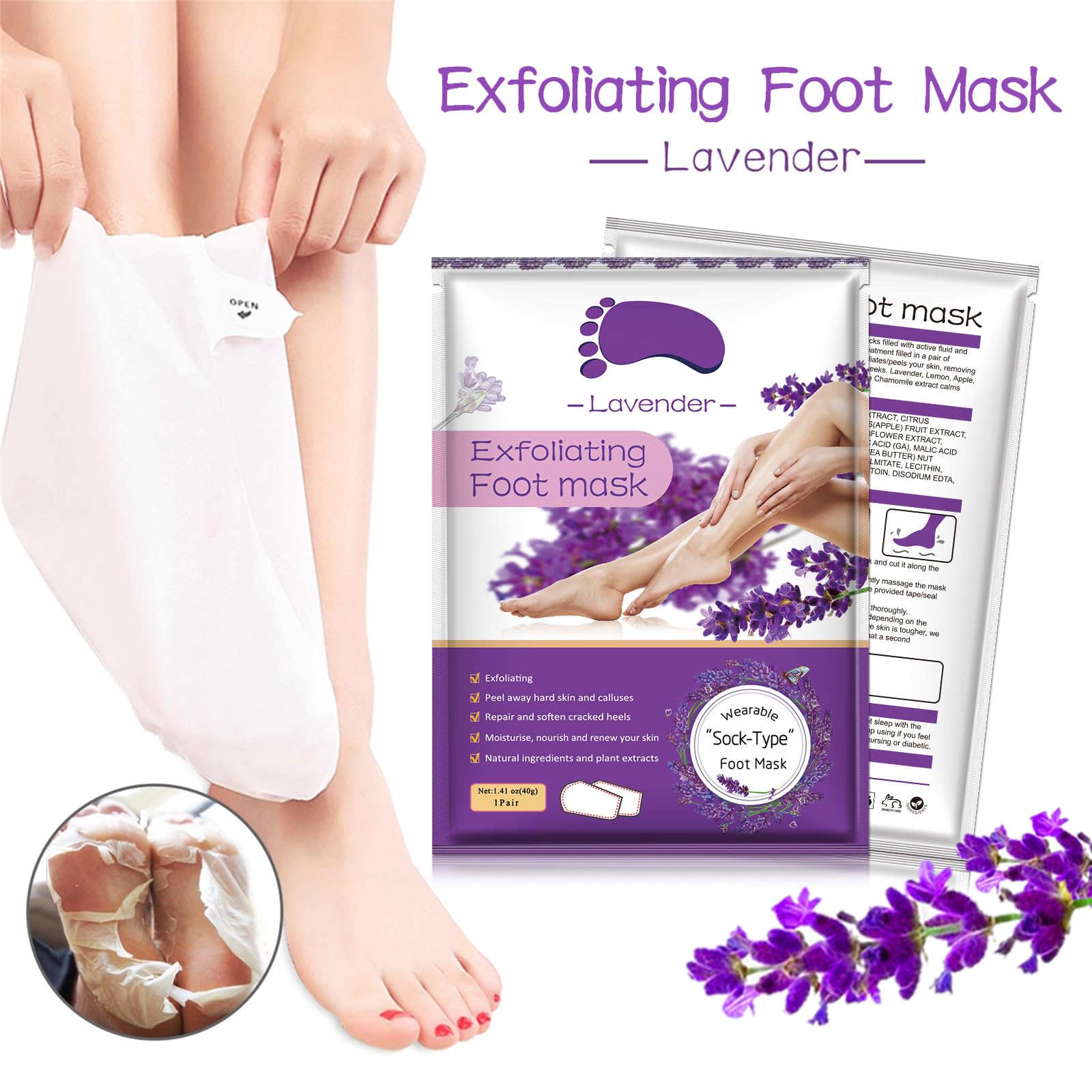 Liefiet mascarilla exfoliante para pies lavanda en uso, experiencia de confort y cuidado.