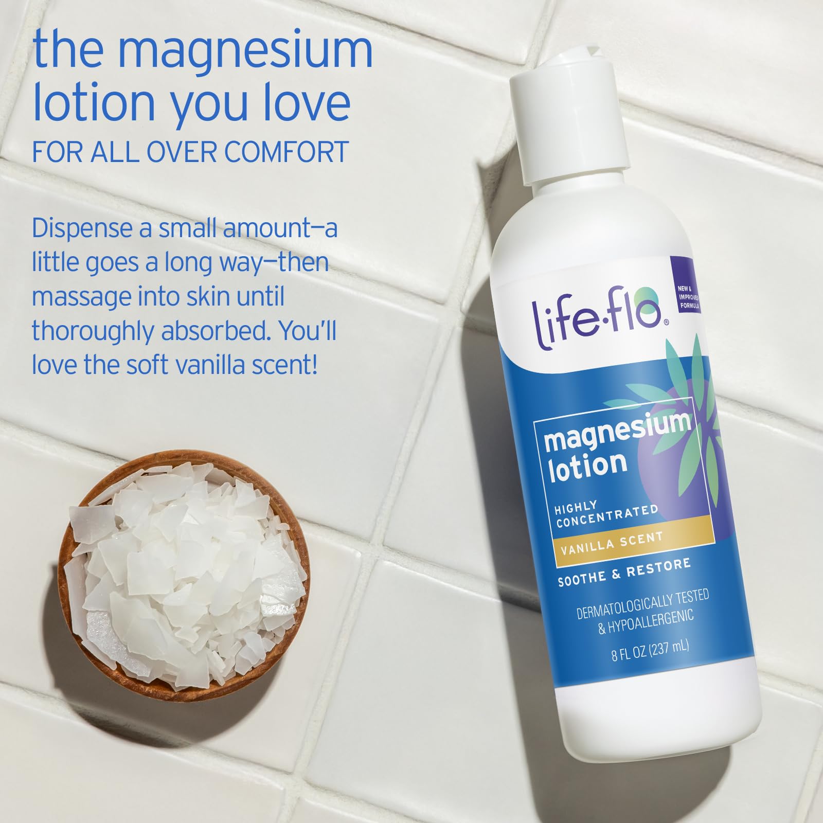 LIFE-FLO Loción de Magnesio ofrece absorción rápida y piel suave.
