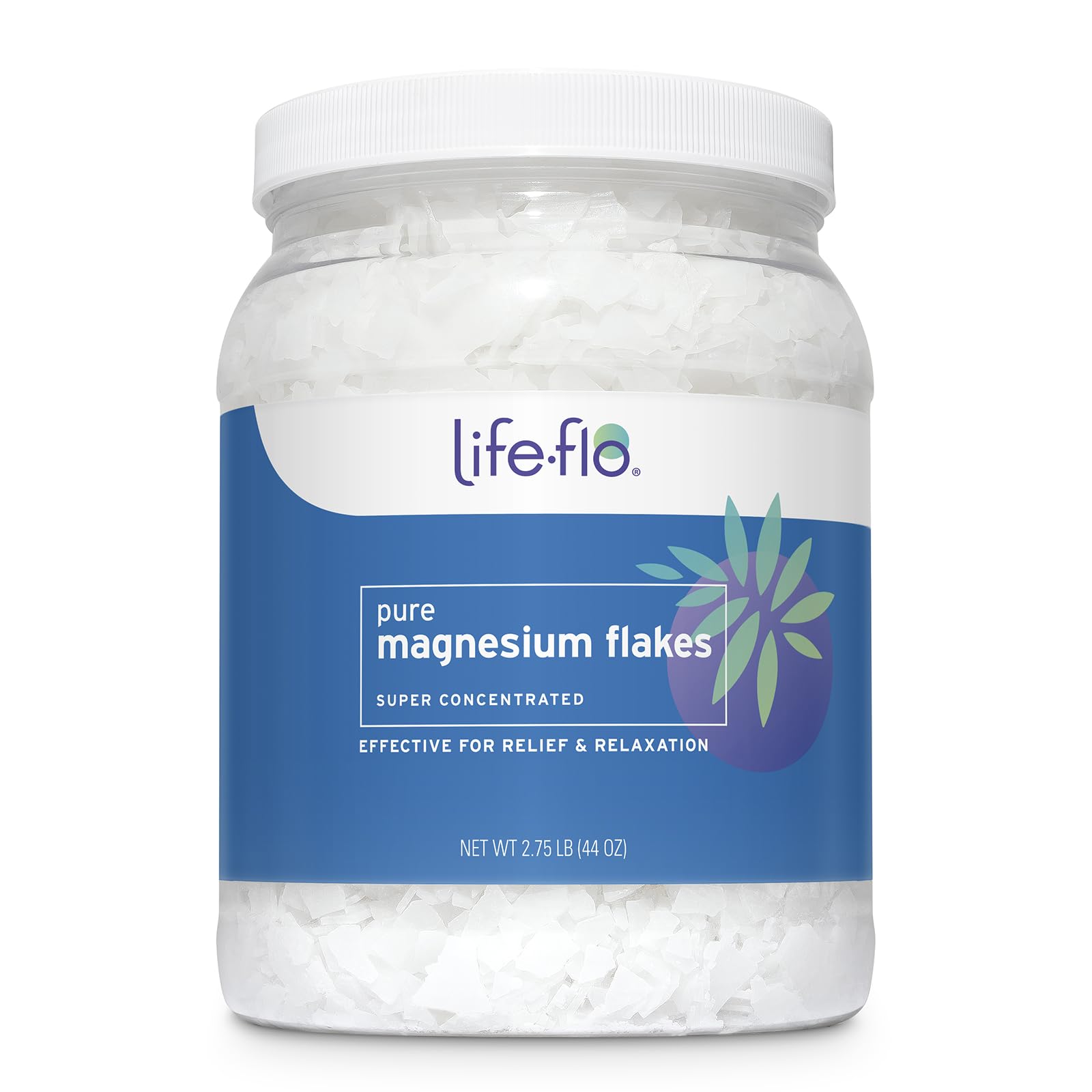 LIFE-FLO Pure Magnesium Bath Flakes en botella para un baño relajante con minerales antiguos.