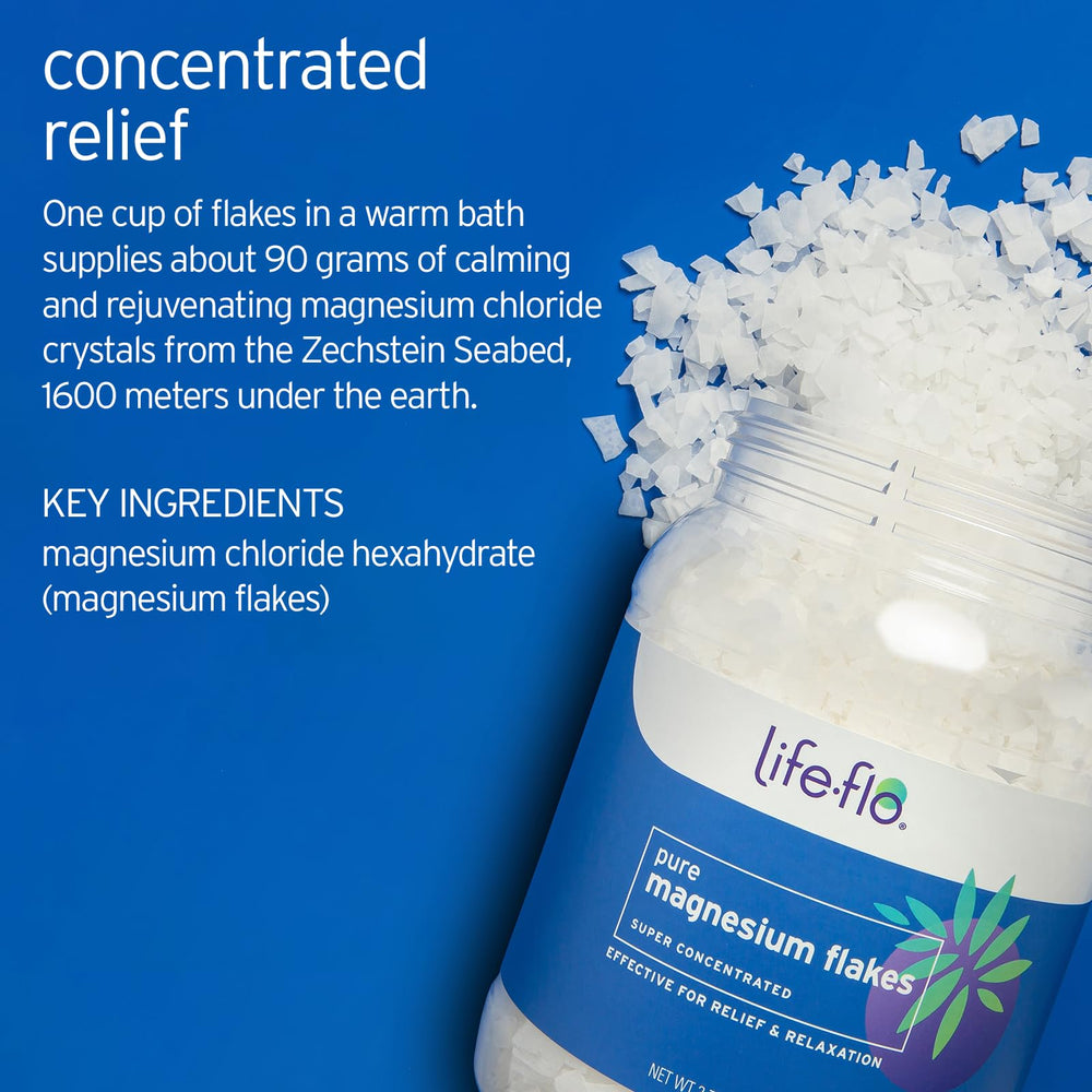 LIFE-FLO Pure Magnesium Bath Flakes con copa medidora facilita dosificación y mayor conveniencia.
