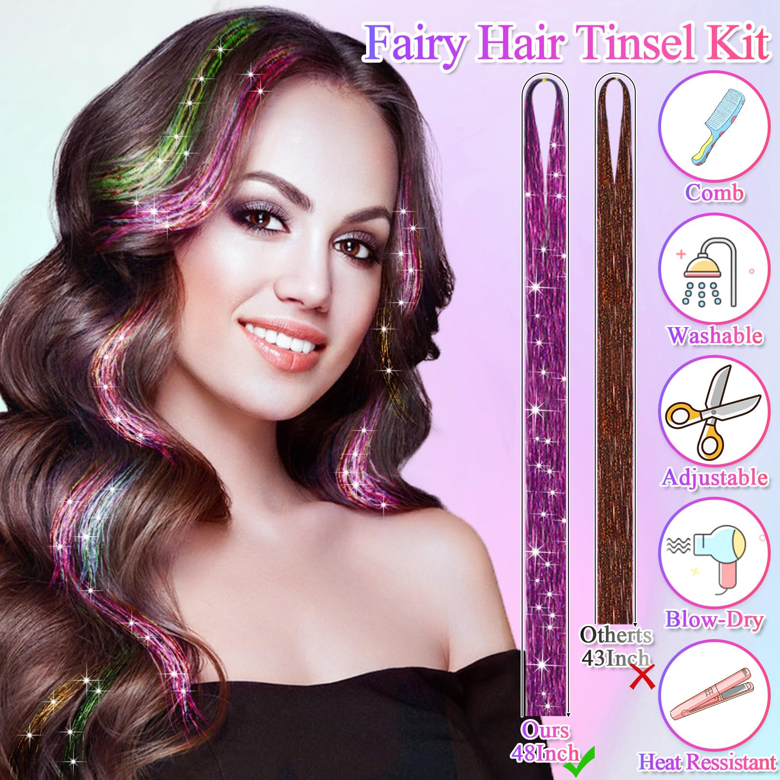 Hair with tinsel strands styled to shimmer on the head.