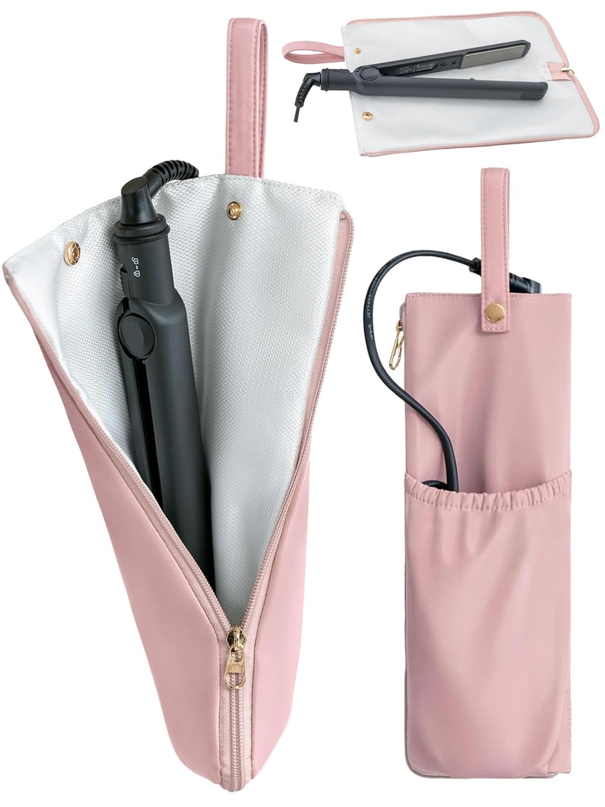 Lifeplus pink holder-mat in closed view safely stores hot tools for travel.