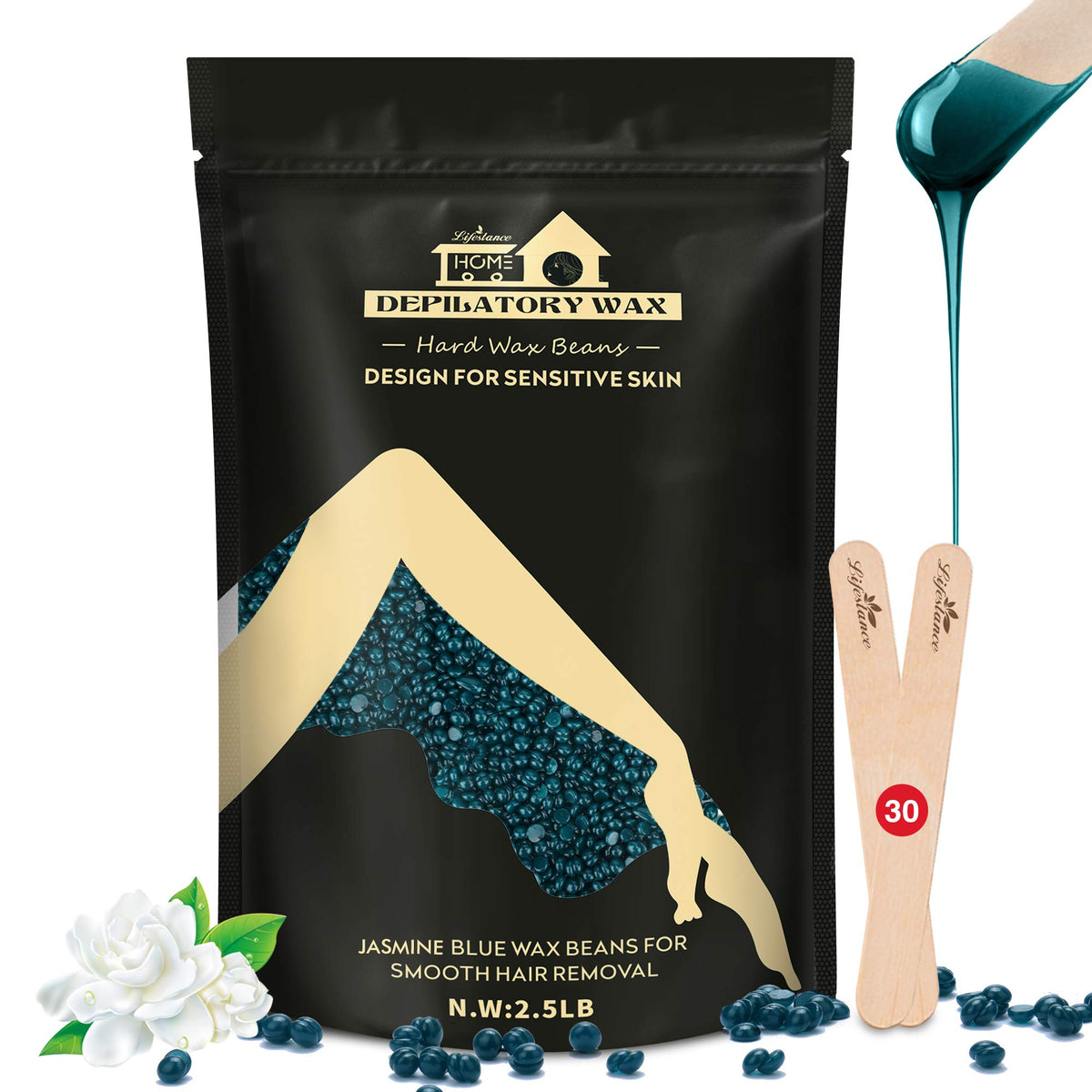 Lifestance 2.5lb blue Brazilian wax kit with 30 applicators for at-home waxing.