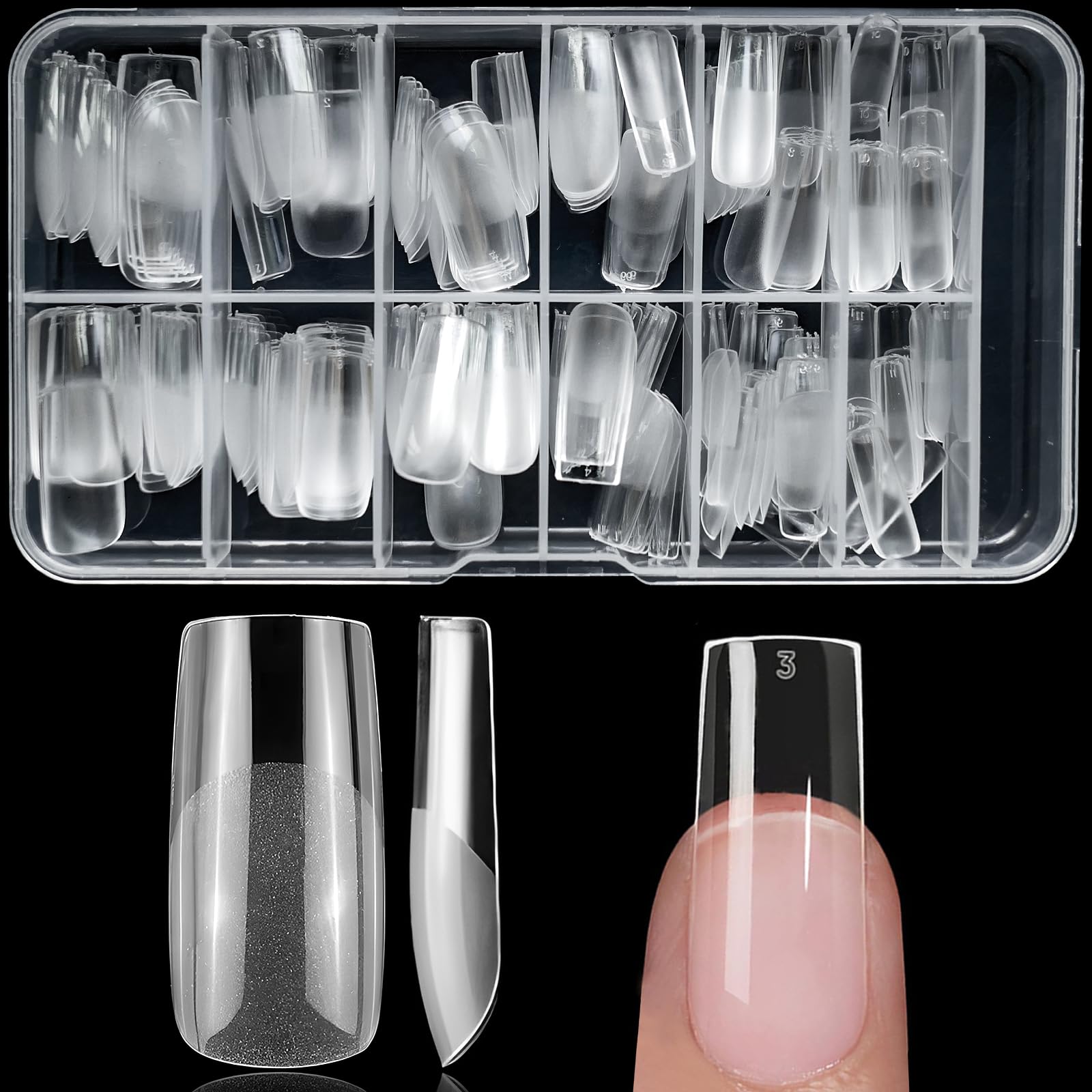 Lifextol square gel nail tips collection showing clear medium-length extensions for DIY manicures.