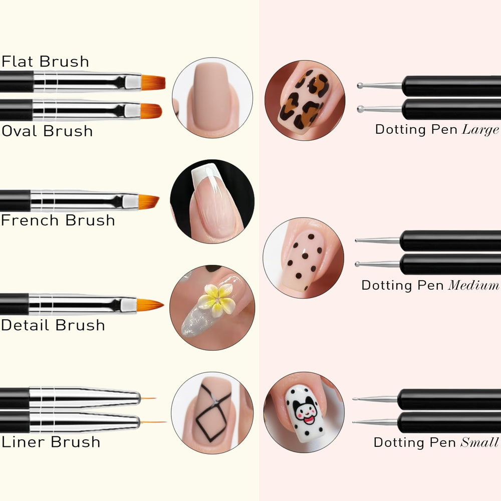 Light Rain liner brushes deliver crisp lines for French tips.