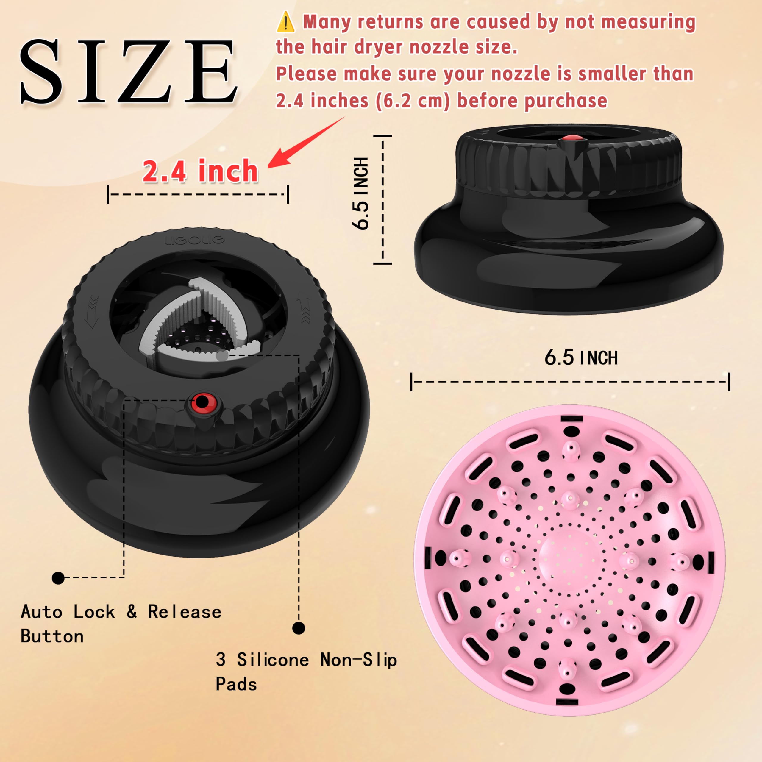 LIGOLIG diffuser on hair dryer in black and pink for versatile styling.