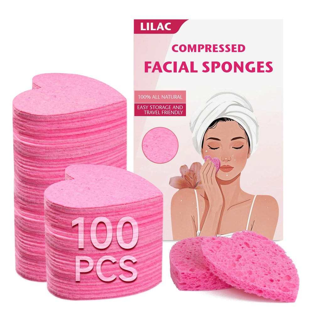LILAC pink heart sponges pack compressed for travel cleansing.