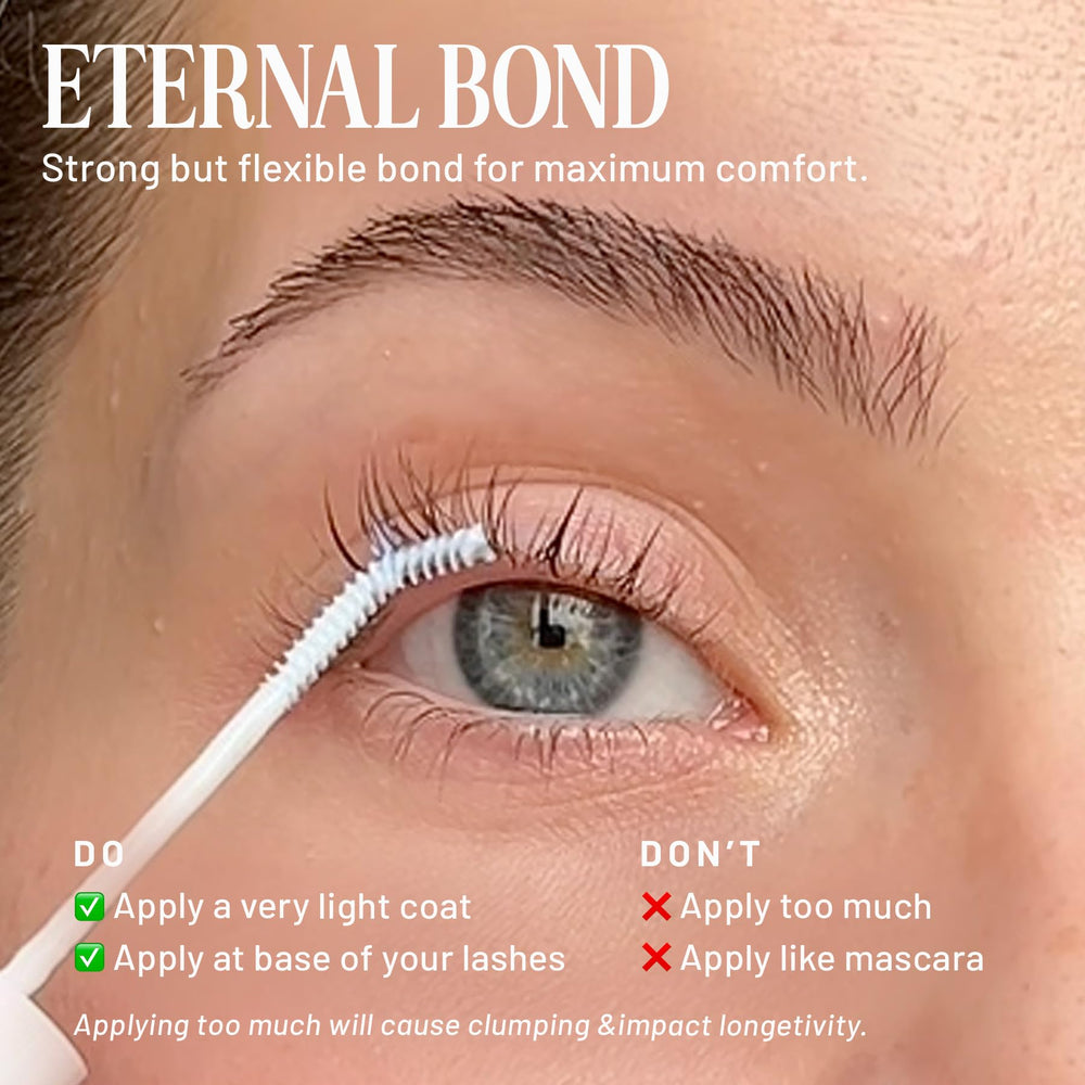 Lilac St Eternal Bond glue drying on lashes for flexible, durable finish.
