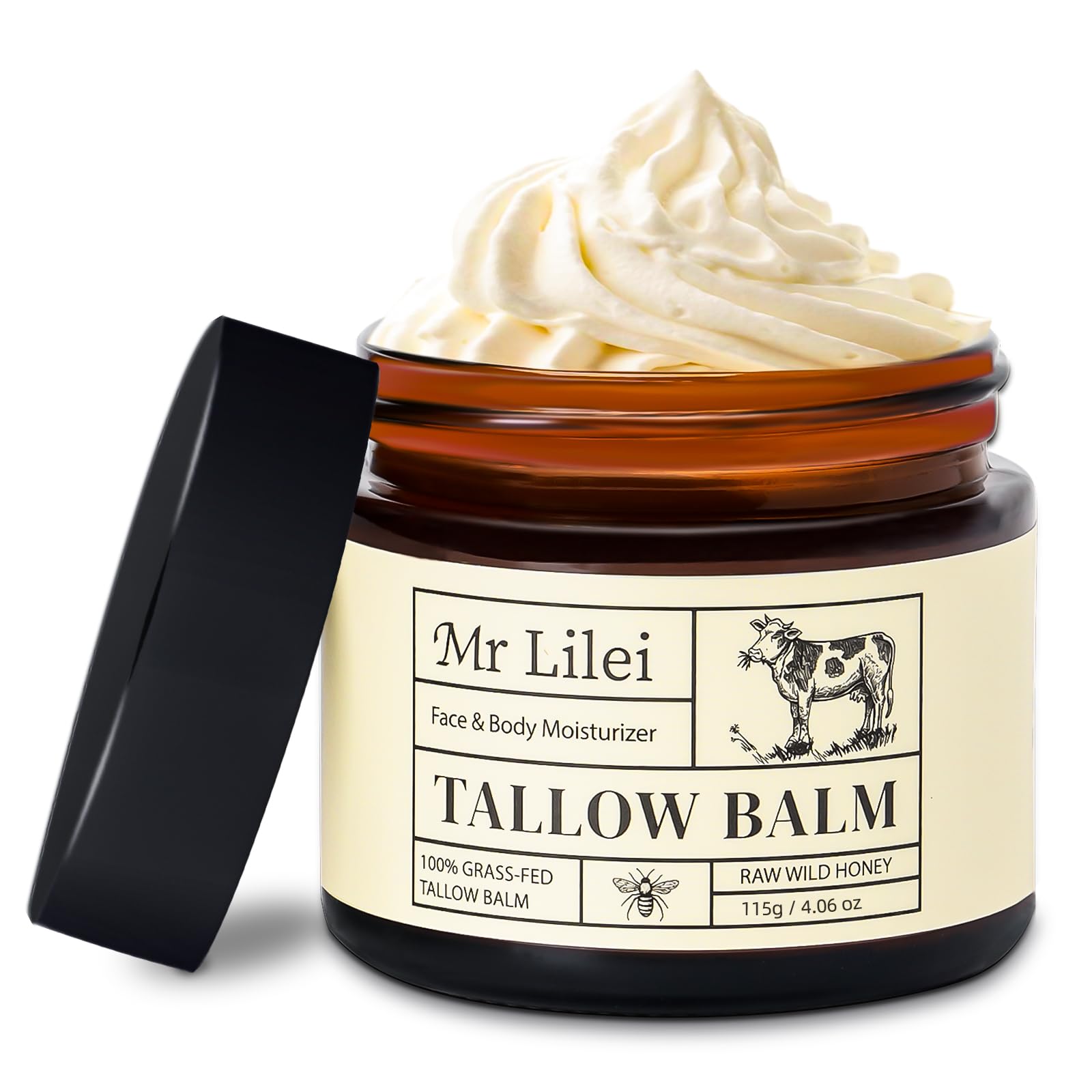 Lilei Beauty Beef Tallow Balm jar showing rich hydration for skin.