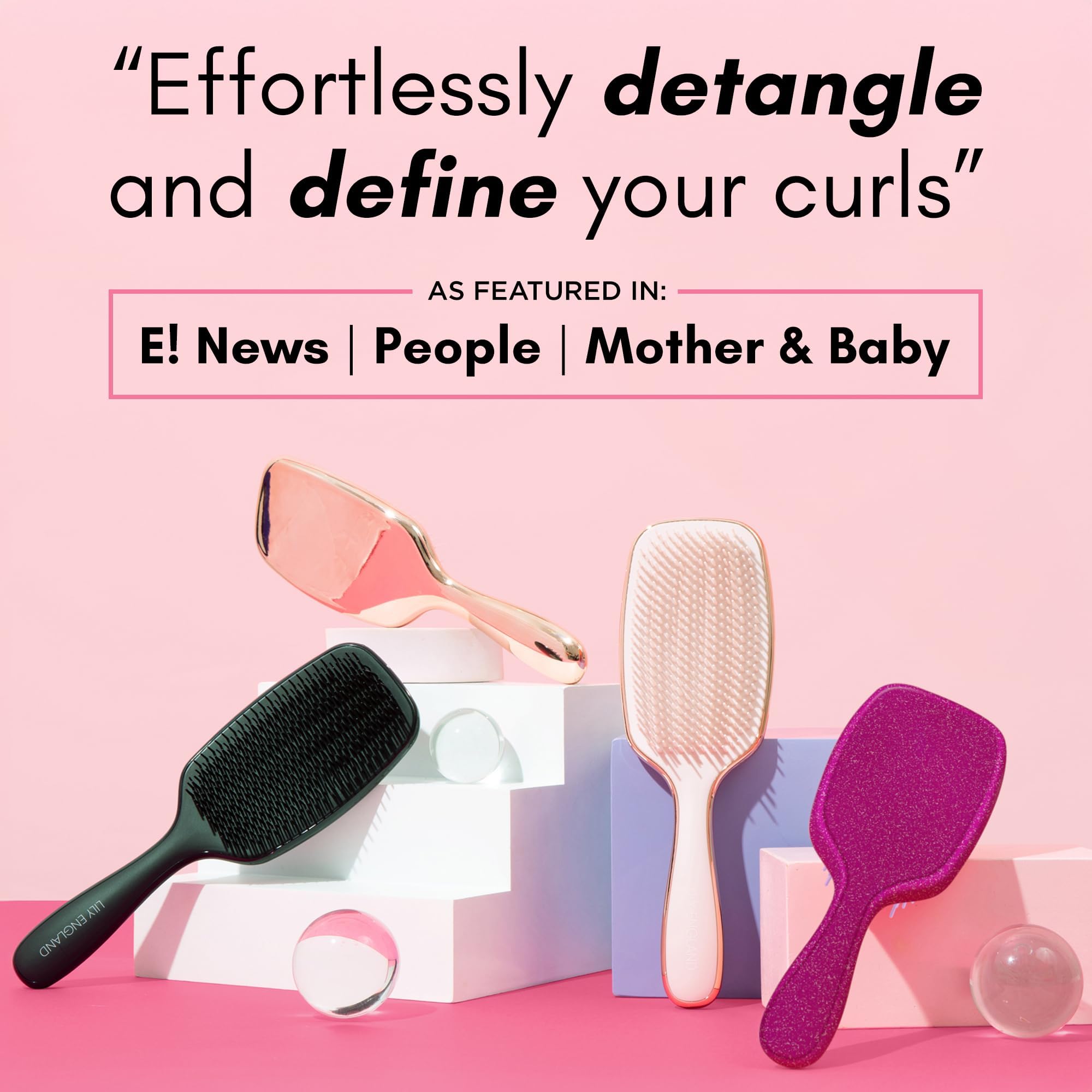 Cepillo Lily England ergonómico rosado-oro ofrece agarre cómodo para rizos