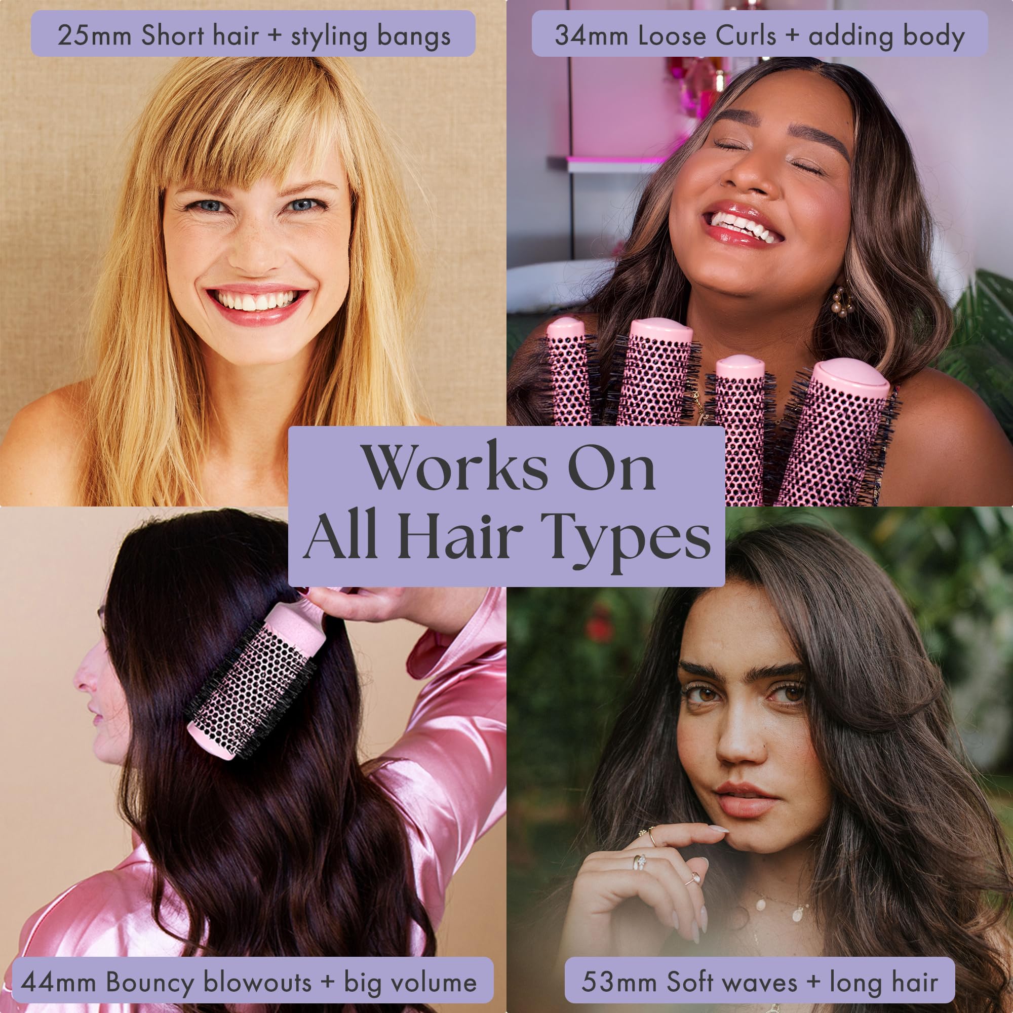 Lily England ceramic ionic technology pink brushes for balanced heat and shine.