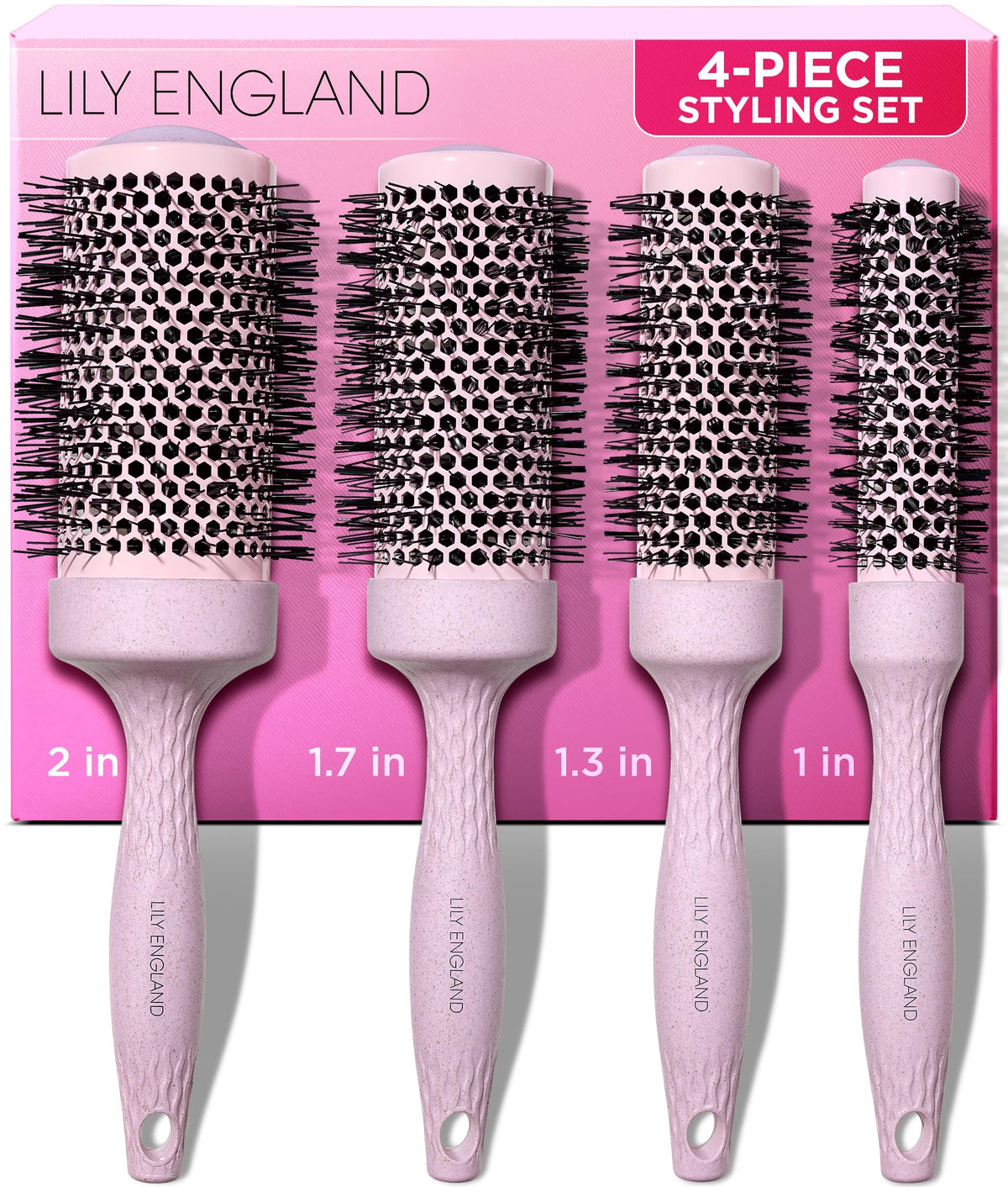 Lily England round blow dry brush set in pink, ideal for effortless at-home styling.