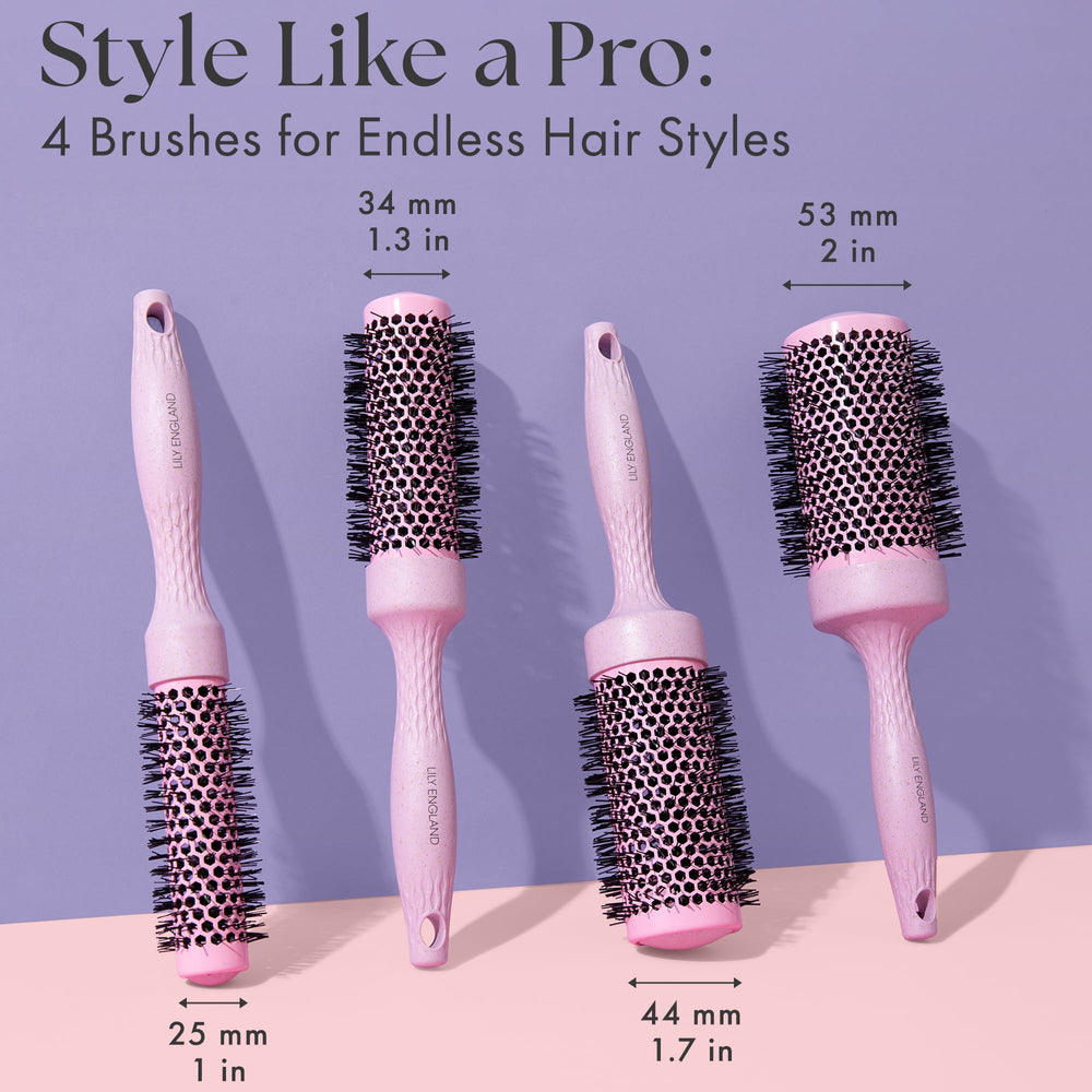 Lily England pink round brushes in a large-diameter set for voluminous looks.