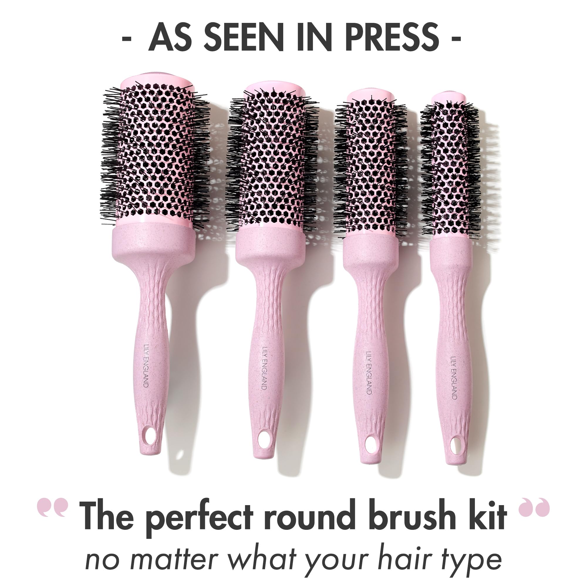Lily England four-piece brush kit in pink, designed for versatile styling across hair types.