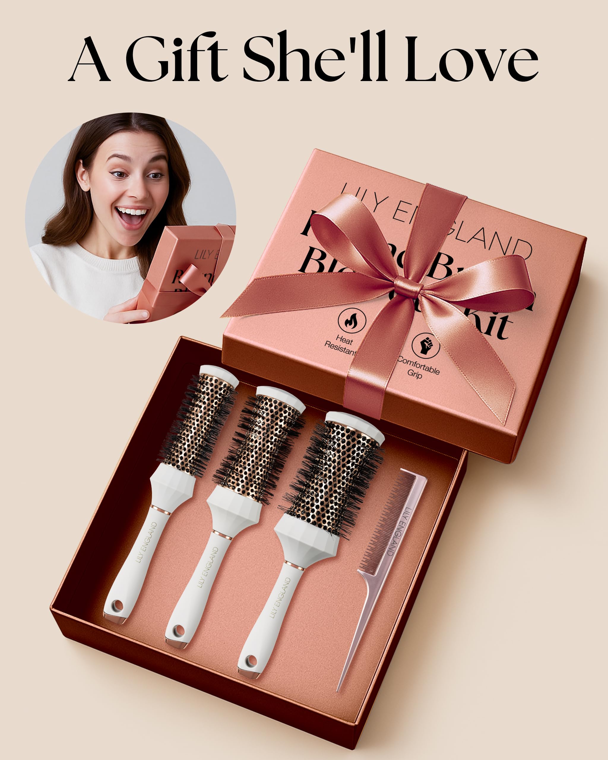 Lily England round brush in use delivers salon-like finish at home
