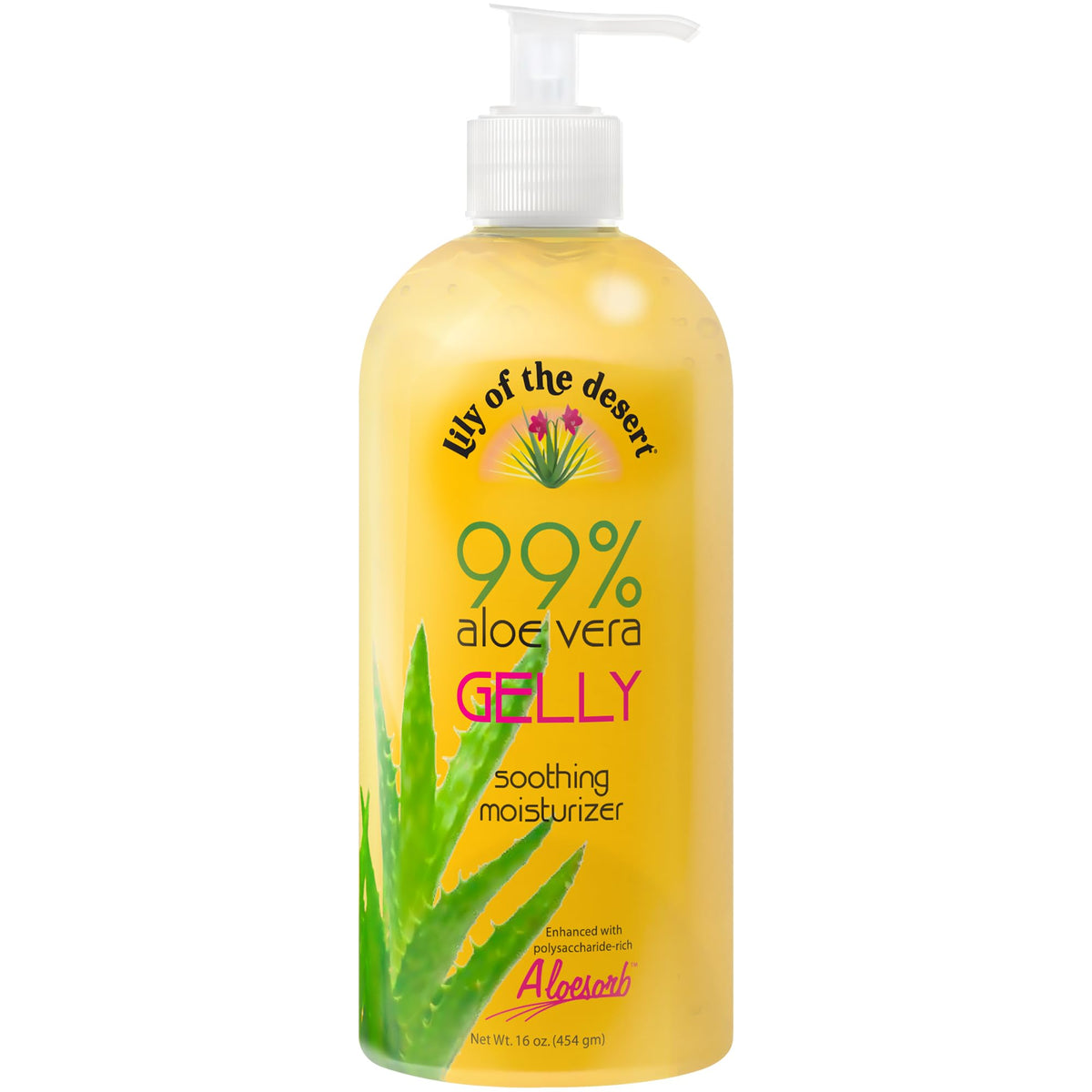 Lily Of The Desert Gelly: botella visible con aloe vera 99% para hidratación suave.