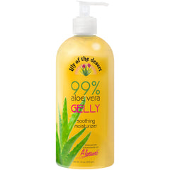 Lily Of The Desert Gelly: botella visible con aloe vera 99% para hidratación suave.