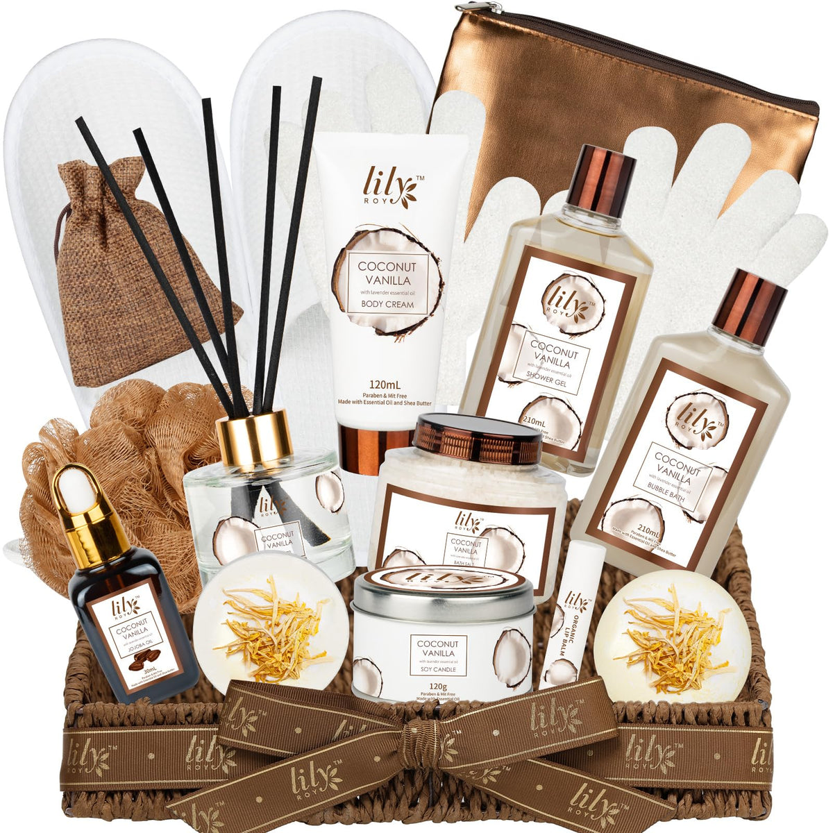 LILY ROY bath gift basket contents showing 17-piece spa set for indulgent pampering