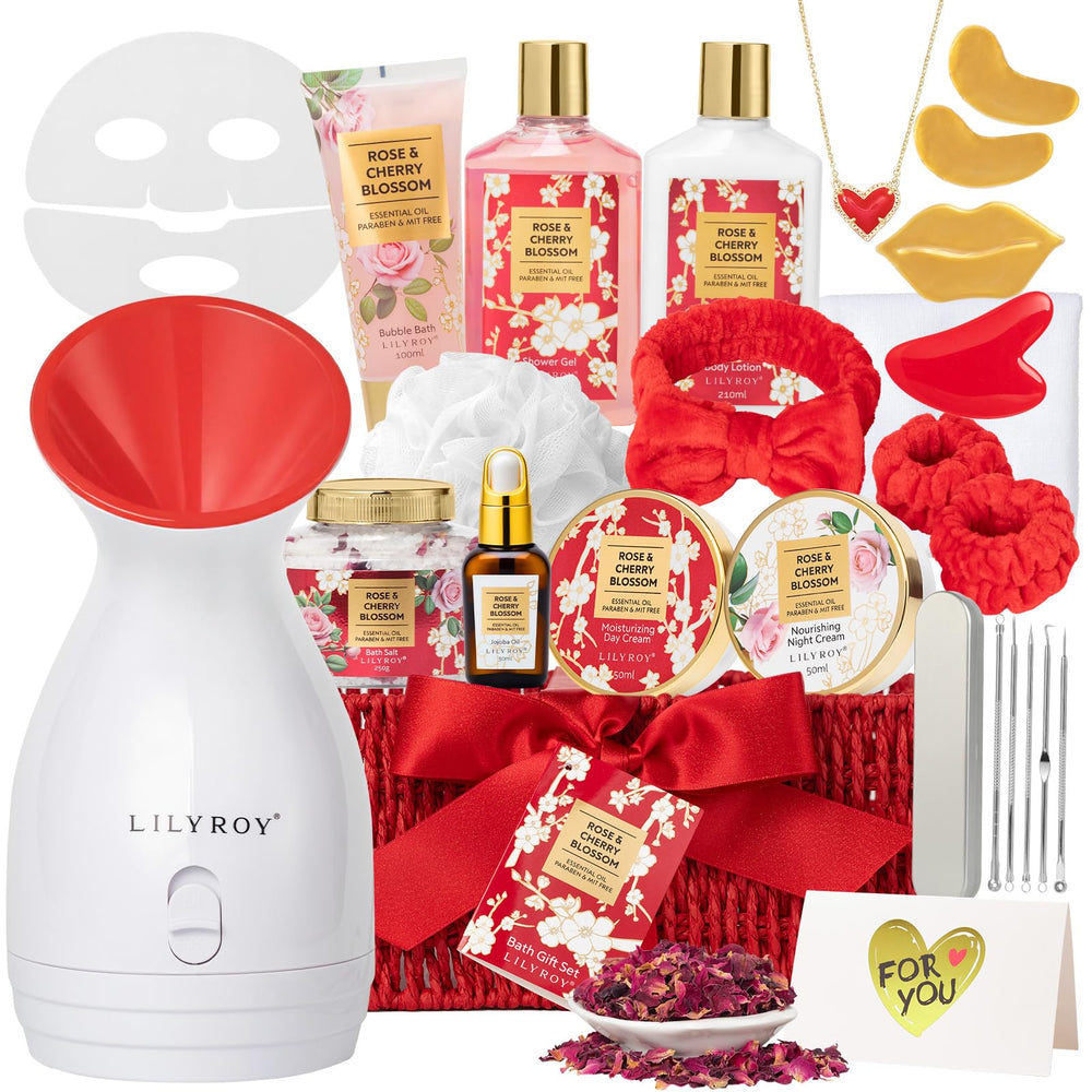 LILY ROY Mother's Day gift basket close-up, luxurious at-home spa moment.