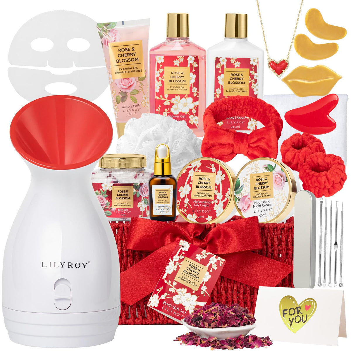 LILY ROY Mother's Day gift basket close-up, luxurious at-home spa moment.