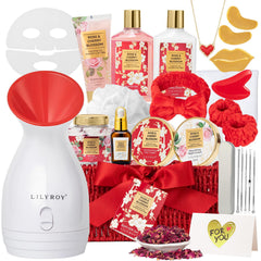 LILY ROY Mother's Day gift basket close-up, luxurious at-home spa moment.