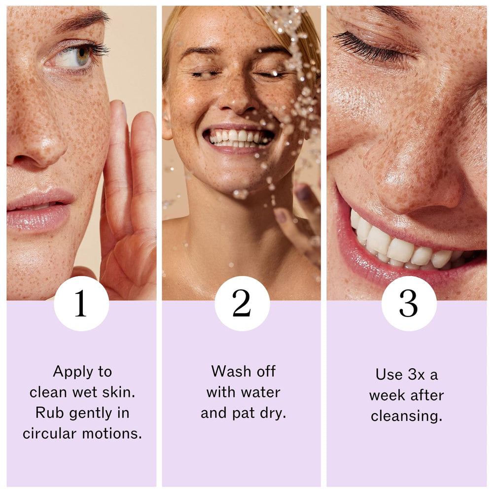Piel húmeda y limpia exfoliante LilyAna Naturals revela brillo suave.