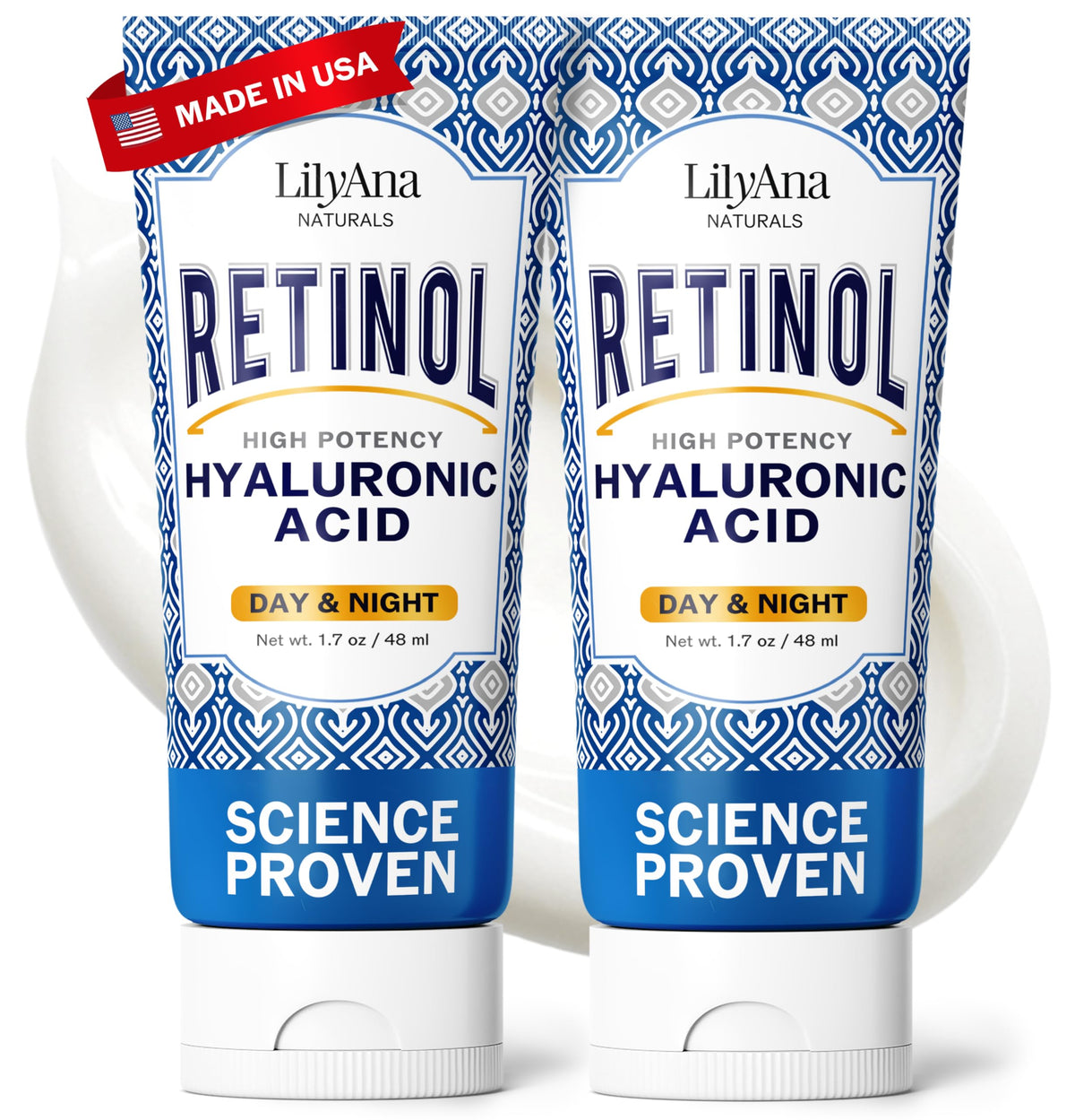 LilyAna Naturals Retinol Cream bottle front, lightweight anti-aging moisturizer for daily use.