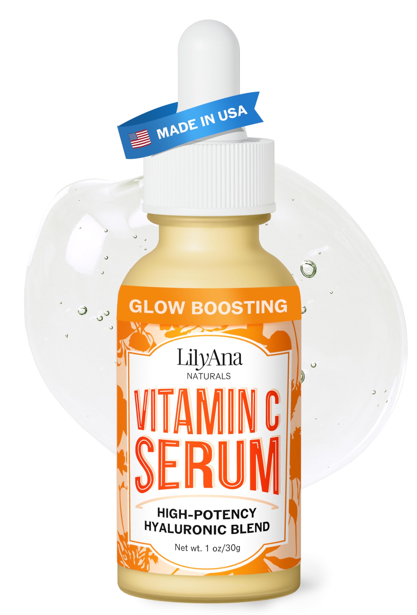 Sérum LilyAna Naturals Vitamina C en frasco 1 oz, aplicación suave para piel radiante.