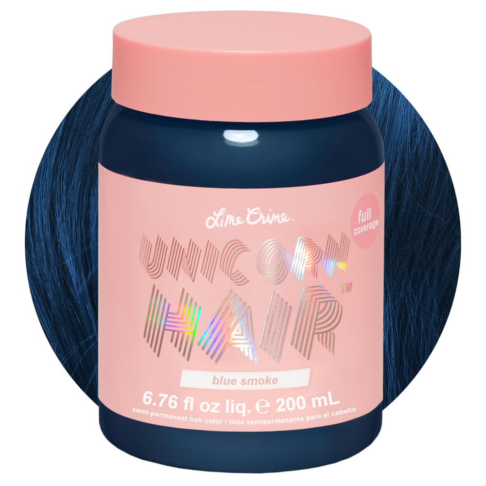 Lime Crime Blue Smoke packaging highlights vegan, damage-free color for home use.