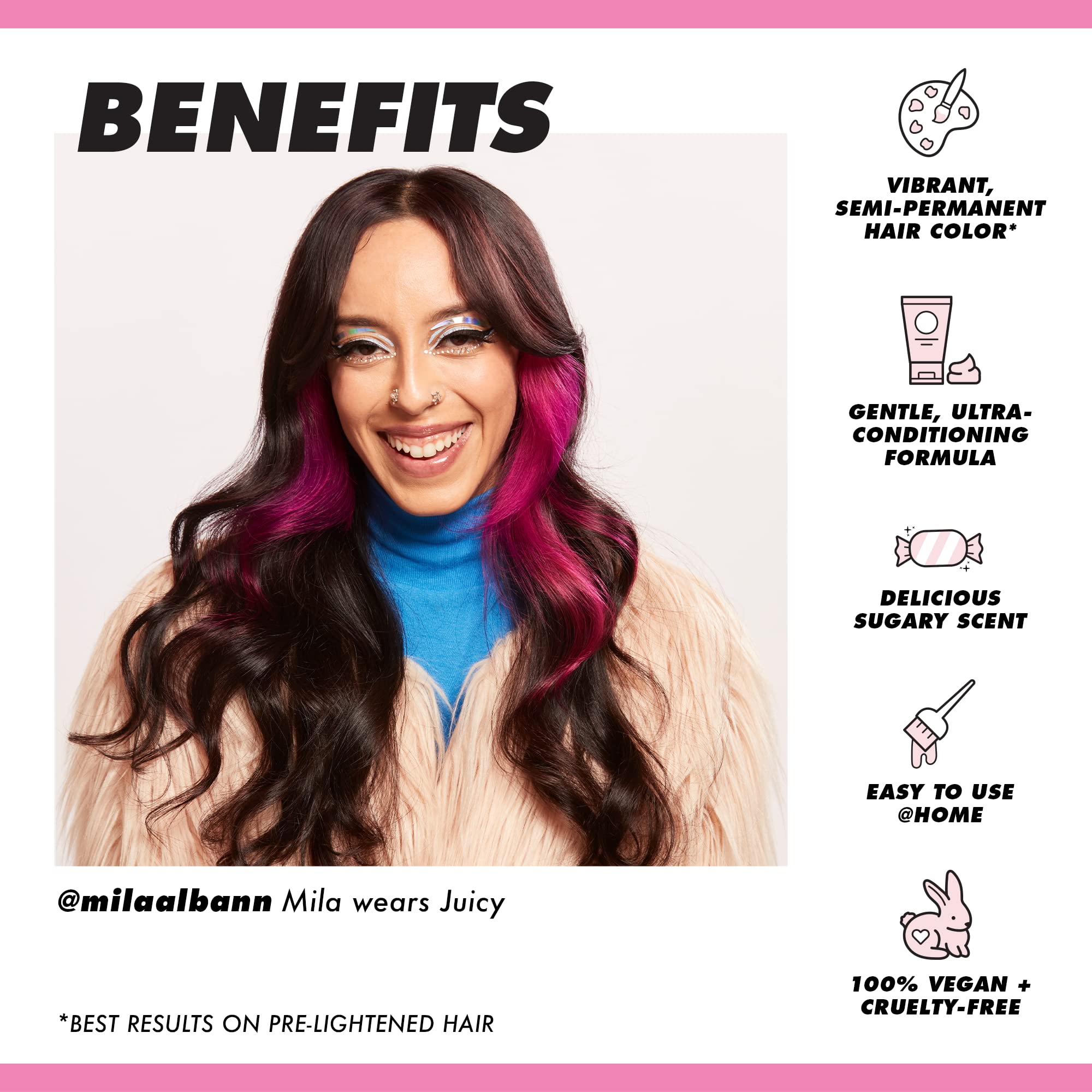 Lime Crime Juicy dye on pre-lightened hair for intense color deposit.