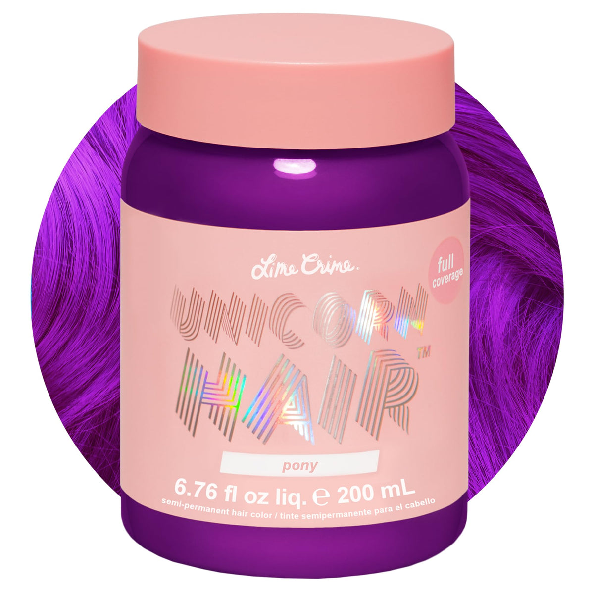 Lime Crime Pony Unicorn Hair Dye bottle shows vibrant violet-purple for at-home transformation.
