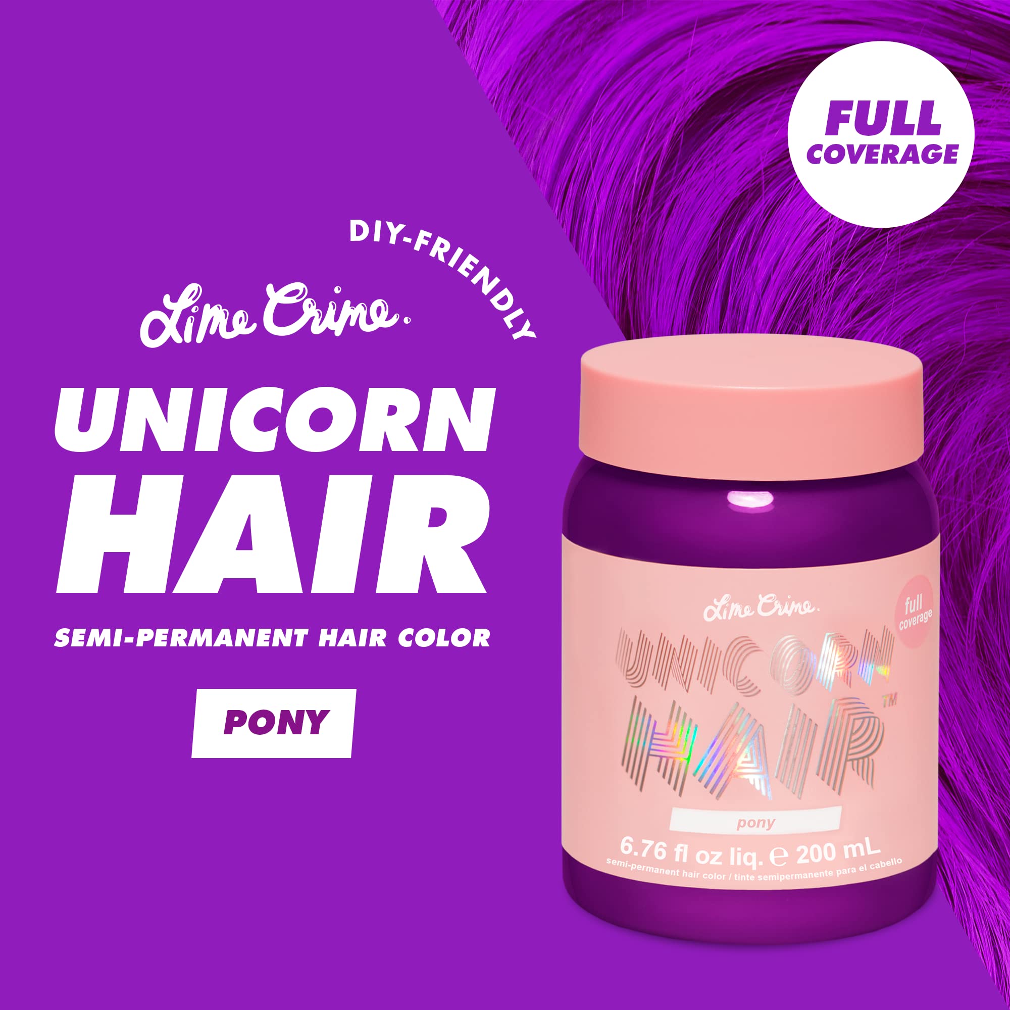 Lime Crime Pony Unicorn Hair Dye color swatch reveals violet-purple shade with bright payoff.