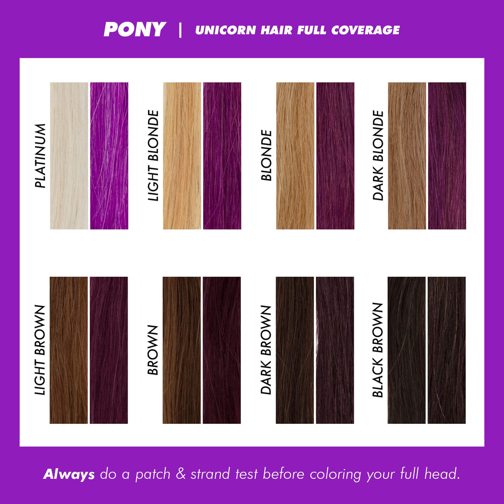 Lime Crime Pony Unicorn Hair Dye on wet hair previews rich violet shine.