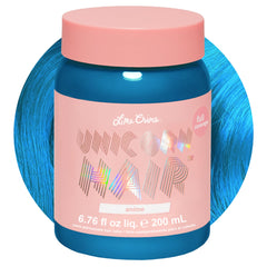 Lime Crime Unicorn Hair Dye Anime Candy Blue bottle pour showing vibrant color