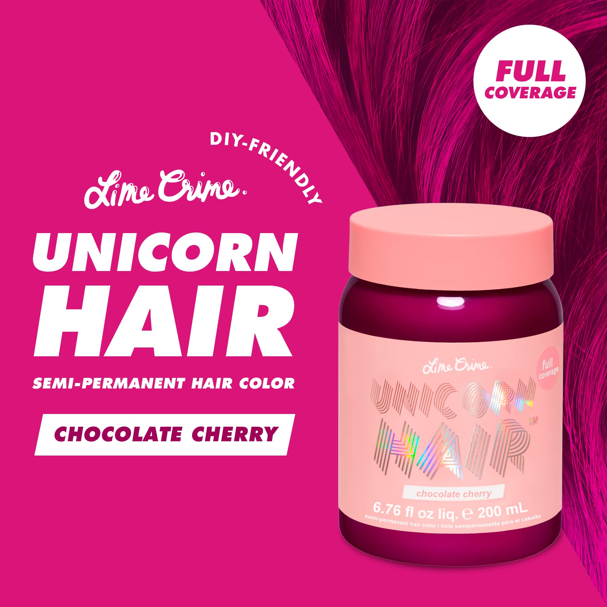 Lime Crime Unicorn Hair Dye Chocolate Cherry jar shows conditioning formula for moisture.