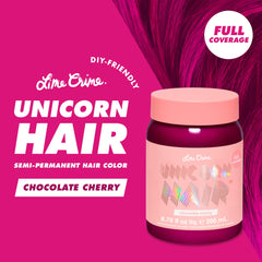 Lime Crime Unicorn Hair Dye Chocolate Cherry jar shows conditioning formula for moisture.