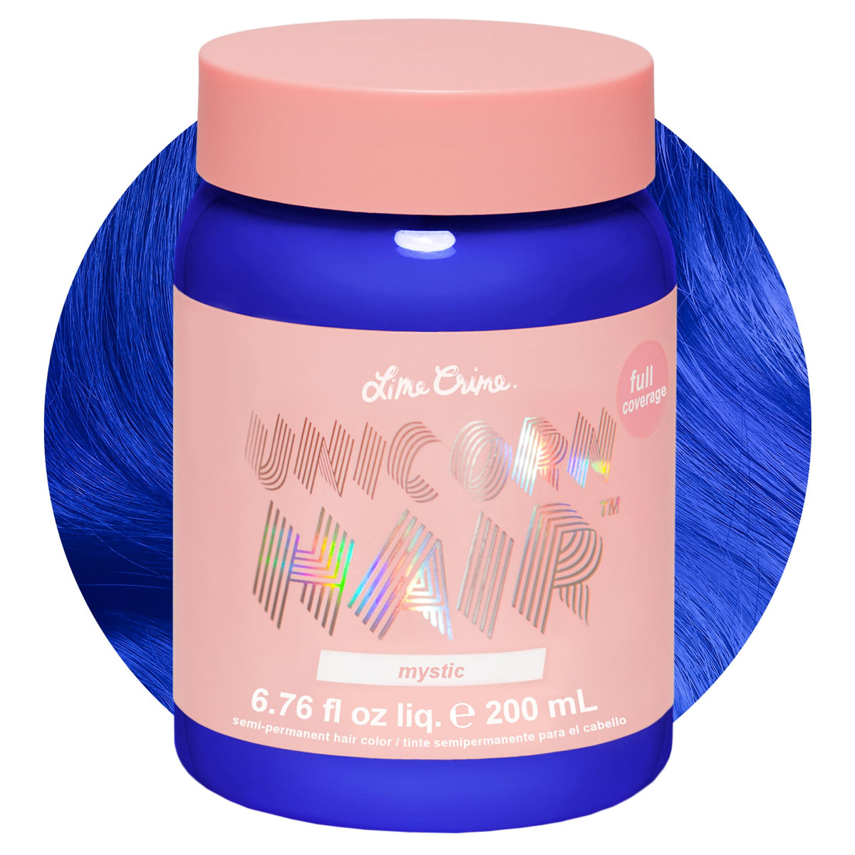 Lime Crime Unicorn Hair Dye Mystic Electric Blue bottle showcases vibrant color and vegan, cruelty-free formula